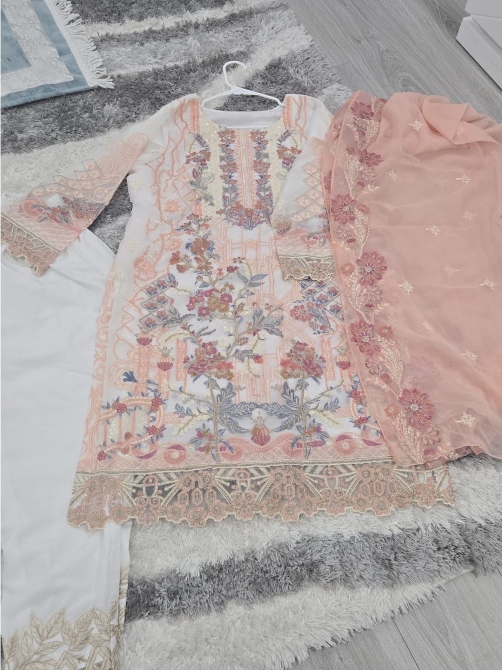 Pakistani Embroidered Peach & White Suit